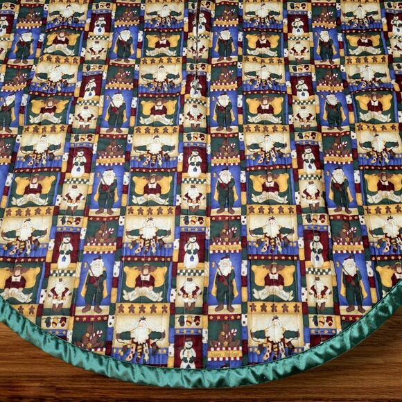 Vintage Christmas Tree Skirt Santa Angels Snowmen Green Red 58" Handmade Large - Picture 4 of 9